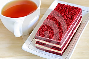 Red velvet cake and a cup of tea