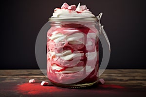 red velvet cake in jar with berry mousse