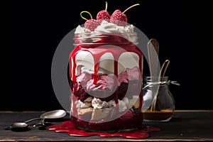 red velvet cake in jar with berry mousse