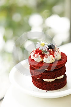 Red velvet cake on white table