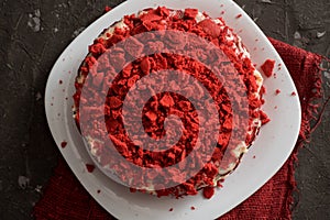 Red velvet cake Canvas napkin on a concrete dark gray background