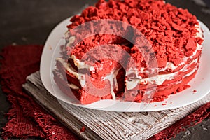 Red velvet cake Canvas napkin on a concrete dark gray background