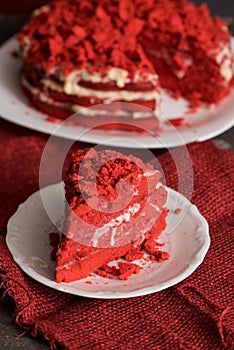 Red velvet cake Canvas napkin on a concrete dark gray background