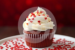 Red Velvet cupcake with heart shaped sprinkle decoration on frosting