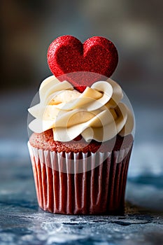 Red velvet cupcake with white frosting and heart shaped like cupcape on top of it. Generative AI