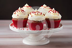 Red velvet cupcakes with cream cheese frosting and sprinkles on the top. Valentine's Day concept.