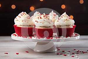 Red velvet cupcakes with cream cheese frosting and sprinkles on the top. Valentine's Day concept.