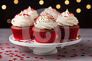Red velvet cupcakes with cream cheese frosting and sprinkles on the top. Valentine's Day concept.