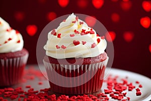 Red Velvet cupcakes with heart shaped sprinkle decoration on frosting