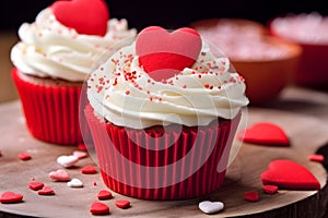 Red Velvet cupcakes with heart and sprinkle decoration on frosting