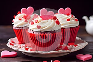 Red Velvet cupcakes with pink heart and sprinkle decoration on frosting