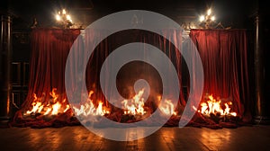 Red Velvet Curtains On Fire on a Theatre Stage . Generative AI