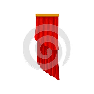 Red velvet curtains for theater or opera house stage. Theatrical drapery. Decorative flat vector element for flyer