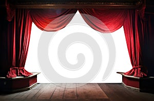 red velvet curtains. transparent PNG. stage with wood floor.