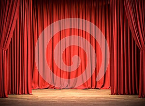 Red velvet curtains and wooden floor. celebration concept