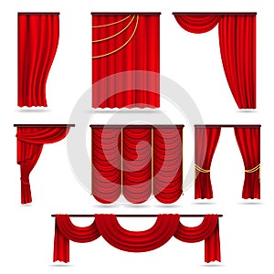 Red velvet stage curtains, scarlet theatre drapery isolated on white vector set