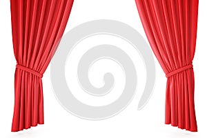 Red velvet stage curtains, scarlet theatre drapery. Silk classical curtains, red theater curtain. 3d rendering