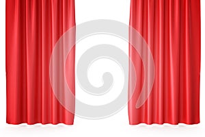 Red velvet stage curtains, scarlet theatre drapery. Silk classical curtains, red theater curtain. 3d rendering