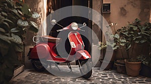 red vespa 50 special parked in an alley in front of a period door and pots with plants.