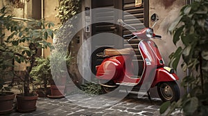 red vespa 50 special parked in an alley in front of a period door and pots with plants.