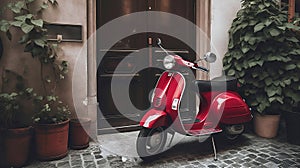 red vespa 50 special parked in an alley in front of a period door and pots with plants. AI