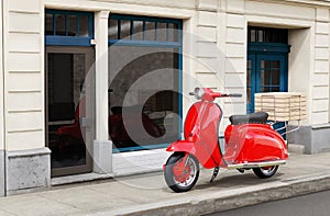 Red Vespa Scooter with Pizza. Food Delivery Concept