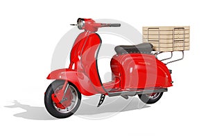 Red Vespa Scooter with Pizza isolated on White Background