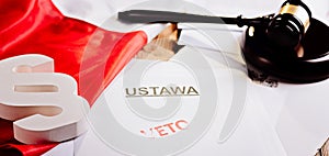 Red veto stamp on law act and Polish flag