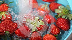 Red vibrant strawberries floating on the water