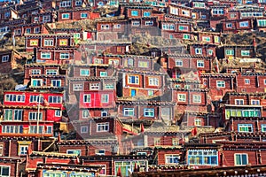 Red village and monastery at Larung gar Buddhist Academy in Sichuan, China