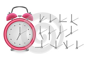 Red vintage alarm clock show 7 o`clock isolated on white background. Vector illustration