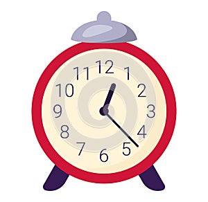 Red vintage alarm clock showing seven oclock. Classic analog timepiece bells legs. Time management