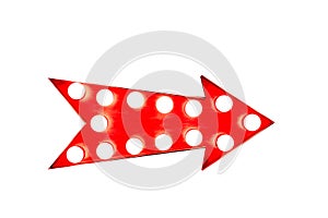 Red arrow: red vintage bright and colorful illuminated metal display arrow sign on white background