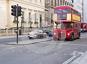 Red vintage bus in London.