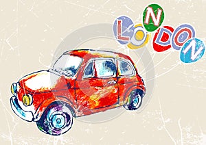 Red vintage car with balloons and the text London.vector illustration