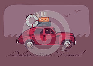 A red vintage car with a luggage on a top over a seascape and gulls. Retro stylized illustration