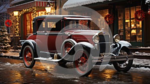 Red Vintage Car Parked Outside The Festively Christmas Decorated Shops. Generative AI