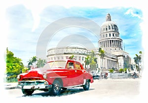 Red vintage car passing by the Capitolio in Havana