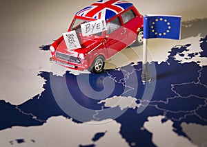 Red vintage car with Union Jack flag and brexit or bye words over an UE map and flag.