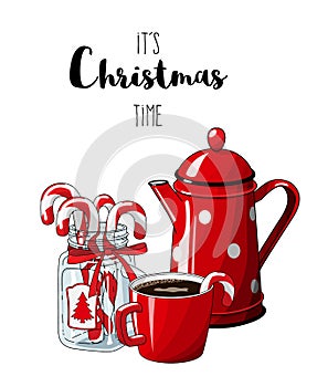 Red vintage coffee pot with cup an glass jar with candy canes on white background, with text It`s Christmas time