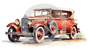 Red vintage convertible car illustration on white. Wall art wallpaper