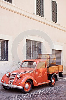 Red vintage old pickup truck outdoor