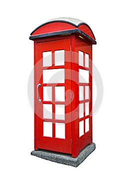 Red vintage phone booth isolated on white background.