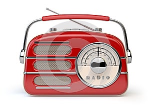 Red vintage retro radio receiver isolated on white.