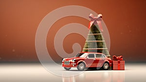 Red vintage retro toy car with gift box with bow and a Christmas tree on white table with orange background. Christmas