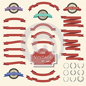 Red vintage ribbon banners and labels set. Vector illustration for design