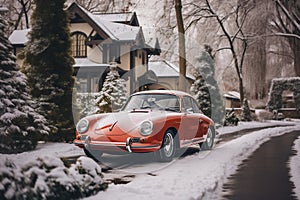 red vintage sports car ready for a festive Christmas holiday journey through a snowy landscape