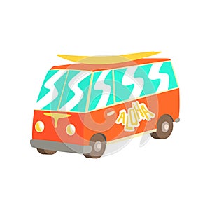 Red vintage surfing van with surfboard, classic minivan cartoon vector Illustration