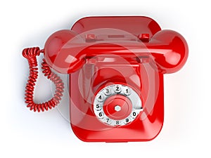 Red vintage telephone on white. Top view of phone