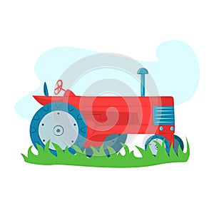 Red vintage tractor green grass. Cartoon style farm machinery. Agriculture equipment field vector